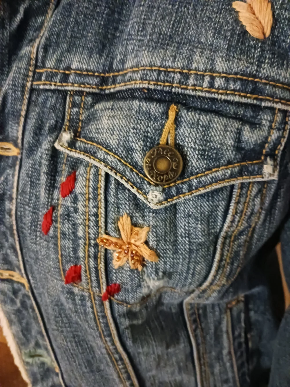 Free People Embroidered Denim Jacket with Faux Shearling Collar - Picture 4 of 7